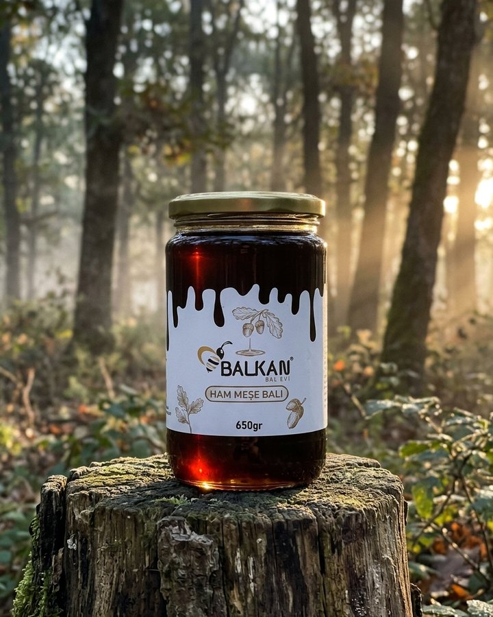 Balkan Bal Evi Ham Meşe Balı, sabah ışığında meşe ormanında bir kütüğün üstünde.