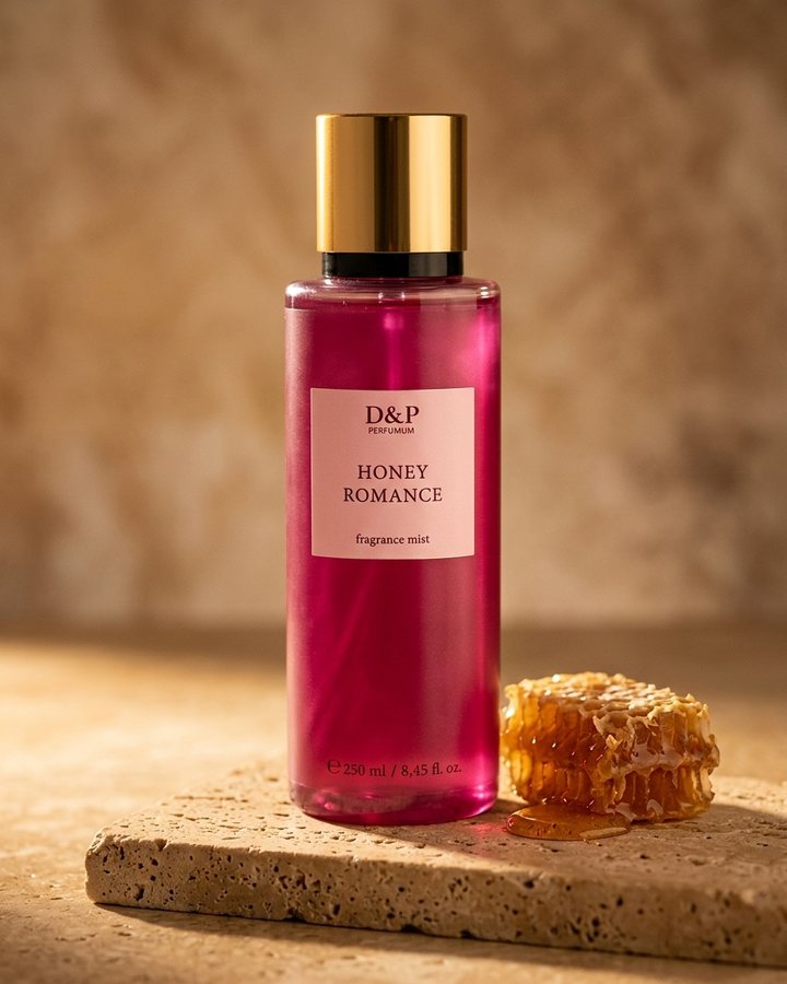 D&P Perfumum Honey Romance vücut spreyi, sıcak ışıkta bir taşın üstünde, yanında petek bal.