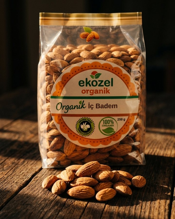 ekozel organik iç badem paketi ahşap masada, önünde dökülmüş bademler.