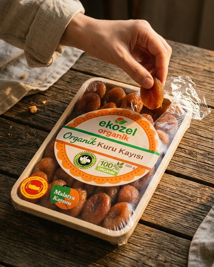 ekozel organik kuru kayısı paketi ahşap masada; bir el paketten kayısı alıyor.