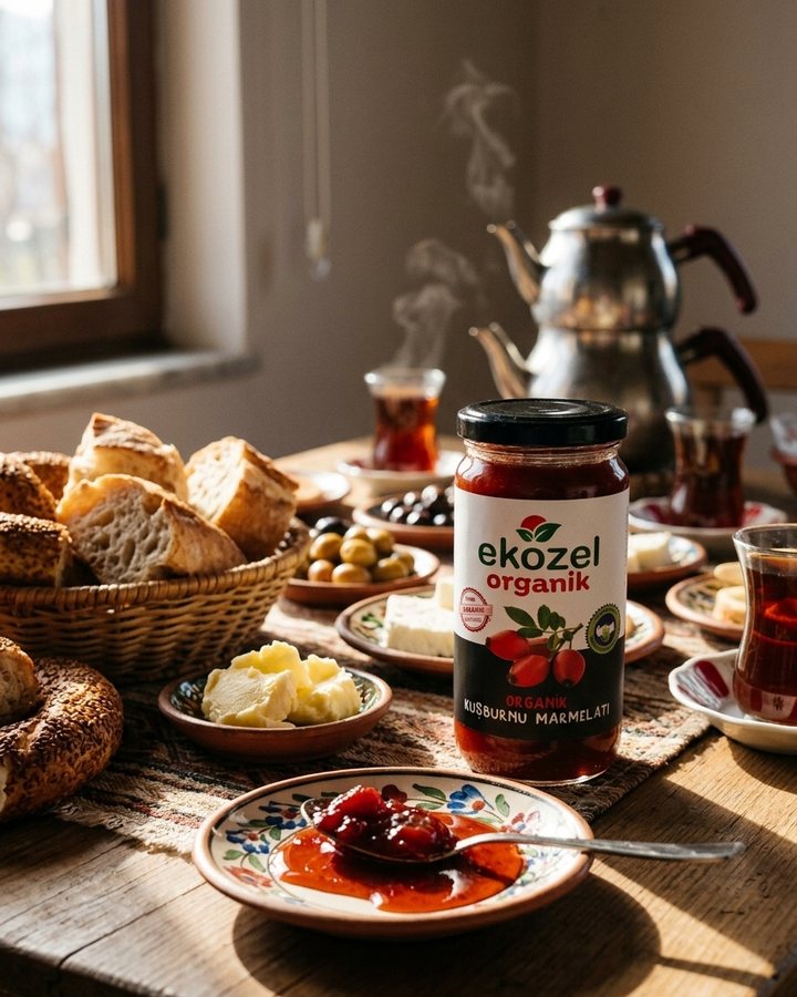 ekozel organik kuşburnu marmelatı, çay ve ekmekle kurulmuş kahvaltı sofrasında.